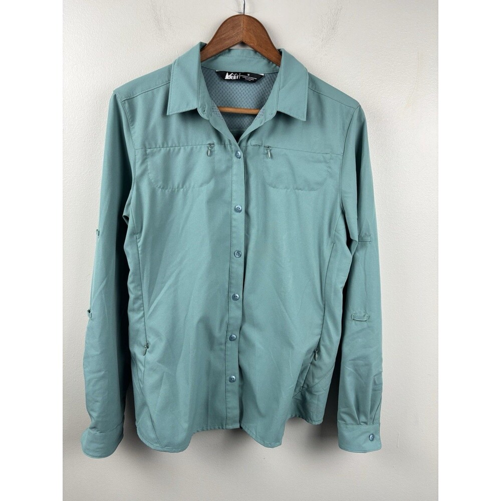 REI Size Medium Womens Teal Active Mesh Lined Long Sleeve Button Shirt Outdoors
